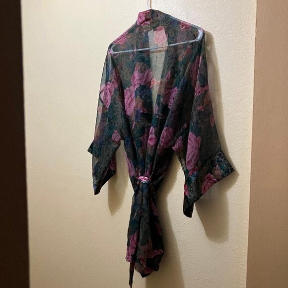 Vintage Victorias Secret Gold Label Rose Pattern Semi-Sheer Kimono Robe One Size - Picture 2 of 5
